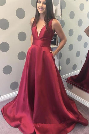 Elegant Burgundy Satin V-neck Long Prom Dress With Pocket IN910