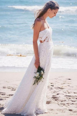 White Wedding Dresses,A Line Wedding Dress,Simple Wedding Gown,Strapless Wedding Dresses,Lace Wedding Gown,Beach Wedding Dresses