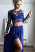 Royal Blue stunning Two Piece Lace Chiffon Long Sleeves Lace Prom Dress with Slit IN181