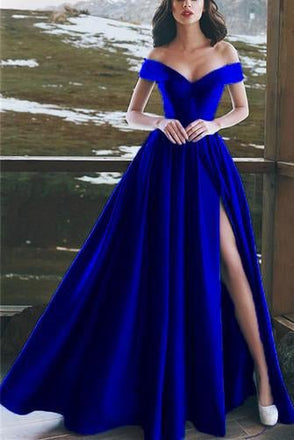 Elegant V-neck Off The Shoulder Long Satin Prom Dresses With Slit INE43