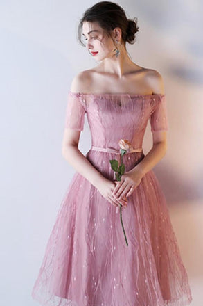 Off the Shoulder A-Line Lace Cap Sleeve Short Prom Dress,Homecoming Dresses IN385