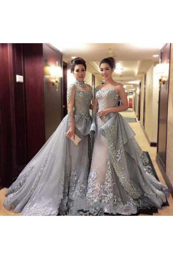 Ball Gown Princess Long Sleeves Tulle Gray Long Formal Prom Dress IN815