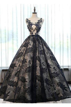 Charming Prom Dresses,Ball Gown Prom Gown,Black Prom Dress,Appliques Prom Dresses
