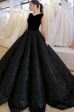Black V Neck Sequined Ball Gown Prom Dress, Big Formal Dresses INI83