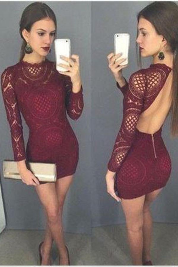 Sexy Open Back Lace Short Tight Long Sleeves Homecoming Dresses INE45