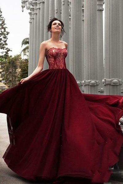  Glamorous A-Line Strapless Burgundy Long Evening Dress With Lace,Lace up Backless Prom Dress,Sweetheart Formal Dress,Prom Dresses