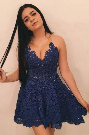 Fashion A-Line Round Neck Dark Blue Lace Short Homecoming Dress with Beading INB13