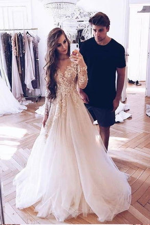 A-Line Long Sleeves Tulle Prom Dress with Appliques, Wedding Dresses INF18