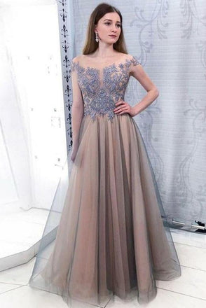Cap Sleeves Bateau Long Tulle Beading Prom Dress with Appliques INH29