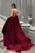 Glamorous A-Line Strapless Burgundy Long Chiffon Prom Dress With Lace IN855
