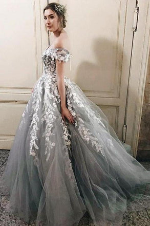 Off the Shoulder Grey Tulle Applique Charming Cheap Long Ball Gown Prom Dress INE48
