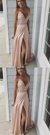 Sexy Spaghetti Straps Beaded Long A-Line Side Slit Prom Dresses INE40