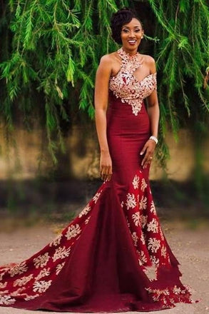 Charming Burgundy Mermaid Long Lace Appliqued Sleeveless Prom Dresses ING47