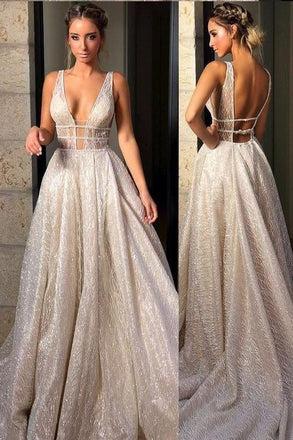 Sparkly Deep V Neck Wedding Dress Bridal Gown,Sequin Prom Dresses INF60