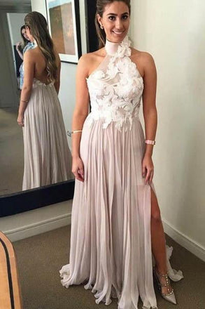 A Line Chiffon High Neck Long Prom Dresses With Appliques INH26