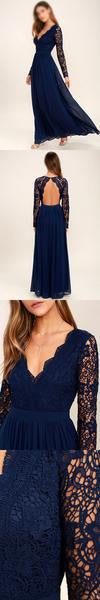 Lace Chiffon Bodice Burgundy Prom Dress,Long Simple Bridesmaid Dress with Long Sleeves IN381