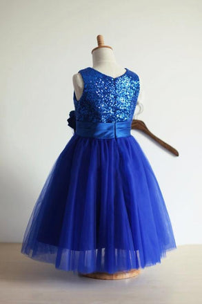 Royal Blue A-line Jewel Sleeveless Tulle Sequin Long Flower Girl Dresses IN703