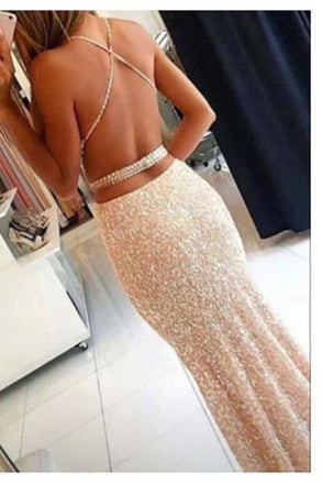 Long Spaghetii Straps Sheath Sequin Criss Cross Long Prom Dresses IN620