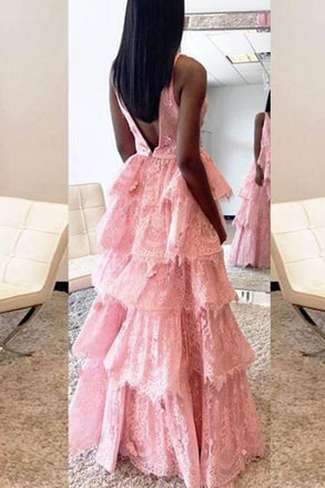 A-Line Deep V-Neck Backless Pink Lace Layered Prom Dress IN751