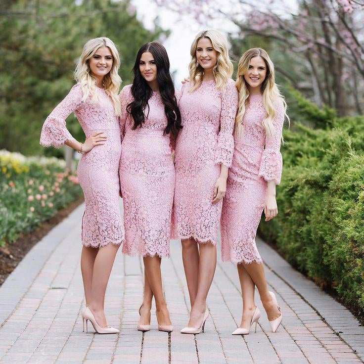 Fashion Sheath Jewel Long Sleeves Pink Lace Knee Length Bridesmaid Dress IN767
