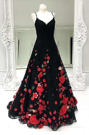 A-Line Spaghetti Straps Black Sweep Train A Line Prom Dress with Flowers INI74