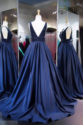 Unique Royal Blue A Line V Neck Sleeveless Long Prom Dress IN601
