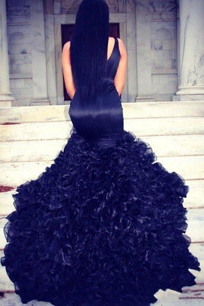 Sexy Navy Blue Long Prom Dresses For Teens,Deep V-neck Open Back Modest Evening Dresses IN606