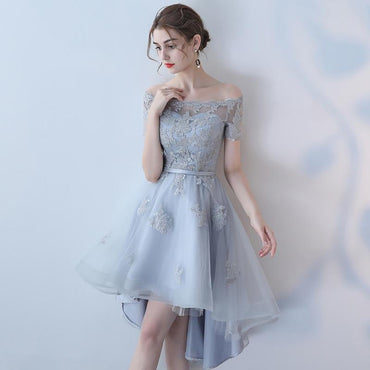 Off the Shoulder Organza A Line High Low Short Sleeves Lace Top Homecoming Dresses INC8
