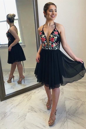 Black Floral A Line V Neck Cheap Chiffon Short Prom Dresses INB86