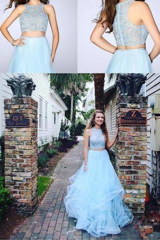 Fashion Two Pieces Light Blue Lace Tulle Ruffles A-line Prom Dress For Teens IN694
