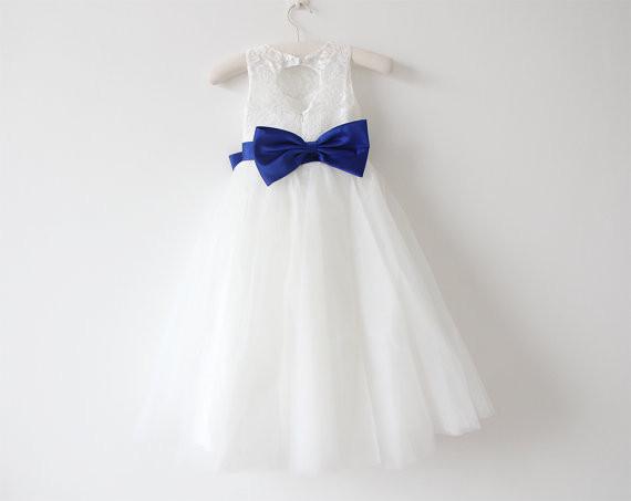 Light Ivory Lace Tulle Flower Girl Dress With Royal Blue Sash/Bows Sleeveless Floor-length IN215