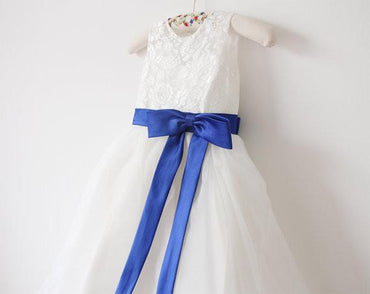 Light Ivory Lace Tulle Flower Girl Dress With Royal Blue Sash/Bows Sleeveless Floor-length IN215