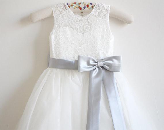 Light Ivory Lace Tulle Sleeveless Long Flower Girl Dress With Silver Sash/Bowss IN214