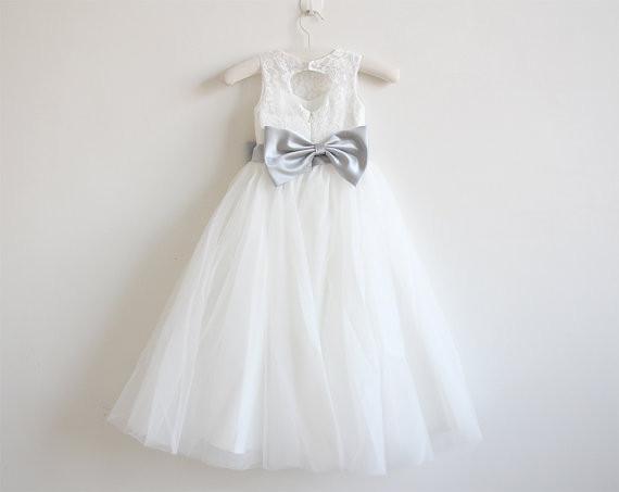 Light Ivory Lace Tulle Sleeveless Long Flower Girl Dress With Silver Sash/Bowss IN214