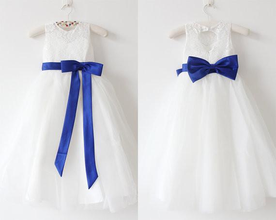 Light Ivory Lace Tulle Flower Girl Dress With Royal Blue Sash/Bows Sleeveless Floor-length IN215
