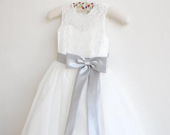 Light Ivory Lace Tulle Sleeveless Long Flower Girl Dress With Silver Sash/Bowss IN214