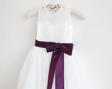 Light Ivory Lace Tulle Sleeveless Floor-length Flower Girl Dress With Eggplant Sash/Bows  IN213