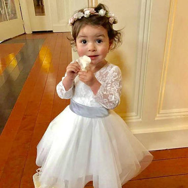 Long Sleeves Light Ivory Lace Tulle Flower Girl Dress With Silver Sash IN206