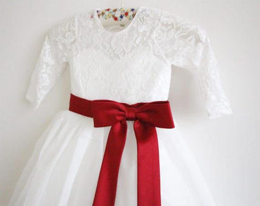 Long Sleeves Ivory Burgundy Sash Bows Lace Tulle Flower Girl Dress IN211