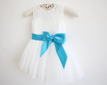 Light Ivory Blue Ribbon Lace Tulle Flower Girl Dress With Blue Sash/Bows IN209