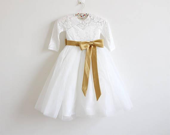 Long Sleeves Light Ivory Lace Tulle Flower Girl Dress With Silver Sash IN206