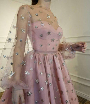 Sparkle Long Sleeve Short Unique Sheer Neck Stars Mini Homecoming Dress IND50