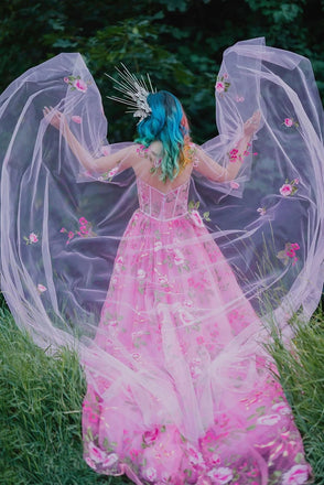 Stunning A Line Long Sleeves Floral Tulle Long Prom Dresses Formal Evening Dress INDP5