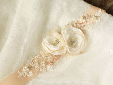 Flower Peach Nude Blush Bridal Sash Rhinestones Floral Rustic Belt BS12