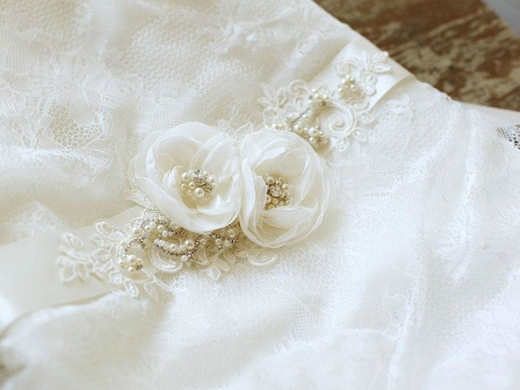 Flower Wedding Belt Lace Applique Floral Bridal Sash with Pearls BS10