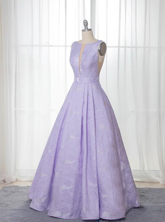 A-Line Floor-Length Lilac Printed Prom Dress, Simple Long Evening Dresses INJ12