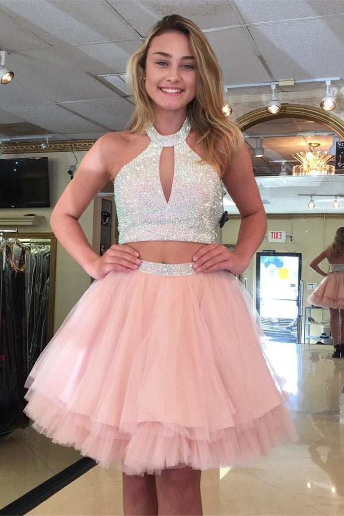 Sweet Two Pieces A-line Halter Mini Tulle Short Pink Homecoming Dresses With Sequins INA78