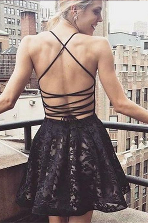 A-Line Deep V-Neck Straps Short Black Lace Homecoming Dress with Pockets INA93