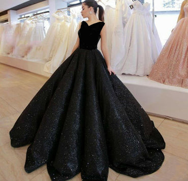 Black V Neck Sequined Ball Gown Prom Dress, Big Formal Dresses INI83