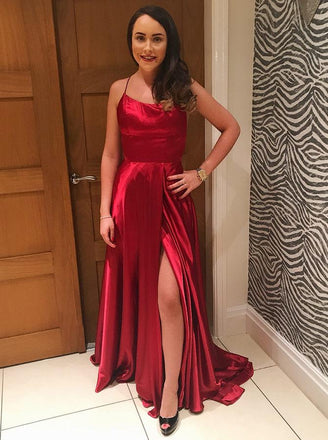 Burgundy Spaghetti Strap Prom Dress with Slit, Sexy Long Party Dresses INJ86